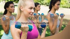  Presentation with lifting weights - PPT theme having group of dedicated young women lifting free weights in park background and a coral colored foreground