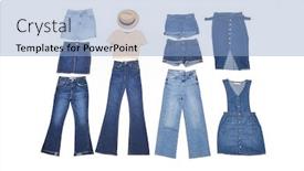  Presentation with jeans denim - Cool new slide deck with group of denim jeans with jacket skirt shorts blue denim romper striped shirt hat on white background backdrop and a light blue colored foreground