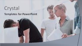  Presentation with desktop - Beautiful slides featuring group of designers with sketches standing near the desktop backdrop and a light gray colored foreground