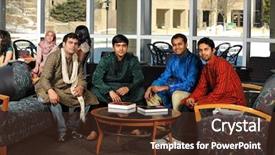  Presentation with diverse students - PPT theme consisting of group of diverse college students wearing their traditional attire in the university campus background and a tawny brown colored foreground