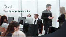  Presentation with employees - Amazing PPT layouts having group-of-diverse-employees-work backdrop and a sky blue colored foreground