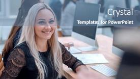  Presentation with employees - Theme consisting of group-of-diverse-employees-work background and a teal colored foreground