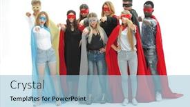  Presentation with superhero - Cool new PPT layouts with group-of-diverse-young-men backdrop and a light blue colored foreground