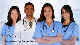  Presentation with nurses - Theme with group of doctors and nurses background and a light blue colored foreground