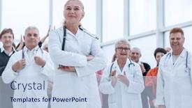  Presentation with patients - Presentation theme featuring group-of-doctors-and-recovered background and a light blue colored foreground