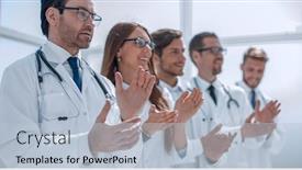  Presentation with hospital - Slide set consisting of group-of-doctors-applauds-standing background and a light blue colored foreground