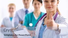  Presentation with physician - Colorful slide set enhanced with group of doctors at hospital focused at female physician thumbs up backdrop and a light blue colored foreground
