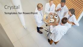  Presentation with team group - Beautiful PPT theme featuring group of doctors eat as a team and talk together in the cafeteria in the hospital backdrop and a soft green colored foreground