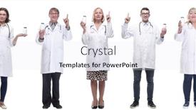  Presentation with group - Presentation theme featuring group-of-doctors-holding-jar background and a sky blue colored foreground