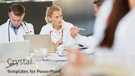  Presentation with group training - Colorful presentation theme enhanced with group of doctors in training in a meeting at the hospital or workshop backdrop and a soft green colored foreground