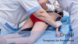  Presentation with injections - Presentation theme featuring group of doctors injections boy back on medical table background and a light blue colored foreground