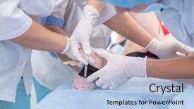  Presentation with injections - Slide set with group of doctors injections boy on medical table background and a light blue colored foreground