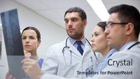  Presentation with spine - Audience pleasing PPT theme consisting of group of doctors looking backdrop and a light blue colored foreground