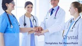  Presentation with together - Presentation design with group-of-doctors-putting background and a light blue colored foreground