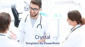  Presentation with military doctors - PPT theme enhanced with group of doctors talking background and a sky blue colored foreground