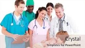  Presentation with newborn baby - Colorful presentation theme enhanced with group of doctors with a mother and her newborn baby backdrop and a lemonade colored foreground