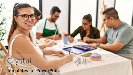  Presentation with students - Slide deck consisting of group-of-draw-students-sitting background and a coral colored foreground