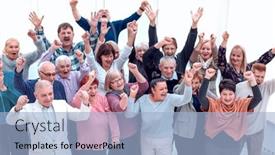  Presentation with elderly - Colorful presentation design enhanced with group-of-elderly-friends-raised backdrop and a light blue colored foreground