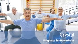 Presentation with rehabilitation - Presentation theme featuring group-of-elderly-people-exercising background and a teal colored foreground