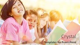  Presentation with elementary children - Presentation design having group-of-elementary-school-children background and a coral colored foreground