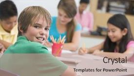  Presentation with elementary school - Audience pleasing PPT theme consisting of group of elementary school pupils backdrop and a  colored foreground