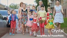  Presentation with street children - PPT layouts consisting of group of eleven children and four woman walks down street background and a coral colored foreground