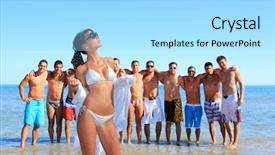  Presentation with girl running on the beach clouds - Beautiful presentation theme featuring group of eleven handsome guys backdrop and a arctic colored foreground