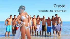  Presentation with girl running on the beach clouds - PPT theme consisting of group of eleven handsome guys background and a arctic colored foreground