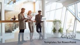  Presentation with employee profile company concept - Presentation theme featuring group-of-employees-chatting background and a light blue colored foreground