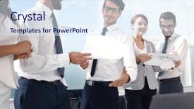  Presentation with corporate financial analysis - Audience pleasing presentation theme consisting of group of employees discussing financial backdrop and a sky blue colored foreground