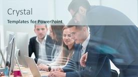  Presentation with new ideas - PPT theme enhanced with group-of-employees-discussing-new background and a sky blue colored foreground