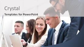  Presentation with new ideas - Presentation theme featuring group-of-employees-discussing-new background and a light gray colored foreground