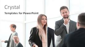  Presentation with employees - PPT theme having group-of-employees-discussing-something background and a white colored foreground