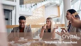  Presentation with employees - Presentation featuring group-of-employees-eating-pizza background and a coral colored foreground