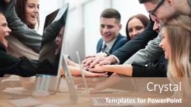  Presentation with employees - Cool new PPT theme with group-of-employees-forming backdrop and a coral colored foreground