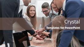  Presentation with desktop - Audience pleasing slide deck consisting of group-of-employees-forming backdrop and a violet colored foreground