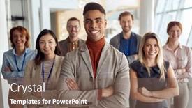  Presentation with company - Slide deck featuring group-of-employees-posing background and a violet colored foreground