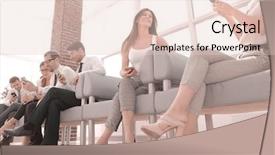  Presentation with employee relations - Colorful presentation design enhanced with group of employees with gadgets backdrop and a lemonade colored foreground