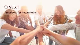  Presentation with joint venture hand together - Slide deck featuring group of employees with hands background and a lemonade colored foreground