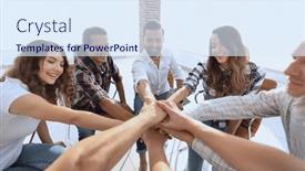  Presentation with employees - PPT theme with group-of-employees-with-hands background and a sky blue colored foreground