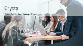  Presentation with employees - PPT theme consisting of group-of-employees-work background and a sky blue colored foreground