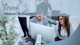  Presentation with employees - Audience pleasing slide set consisting of group-of-employees-works backdrop and a light blue colored foreground