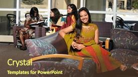  Presentation with building women - Audience pleasing slide deck consisting of group of ethnically diverse group of young women inside college campus building backdrop and a tawny brown colored foreground