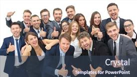  Presentation with group - PPT layouts featuring group of excited business people background and a tawny brown colored foreground