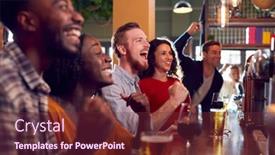  Presentation with customers - PPT theme with group-of-excited-customers background and a tawny brown colored foreground