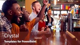  Presentation with television watching - Audience pleasing PPT theme consisting of group-of-excited-customers backdrop and a tawny brown colored foreground