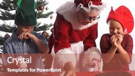  Presentation with christmas elf - Slide deck featuring group of excited young children aged 6 - 12 wearing elf hats and working with mrs santa claus on a christmas craft project of decorating a stocking background and a red colored foreground