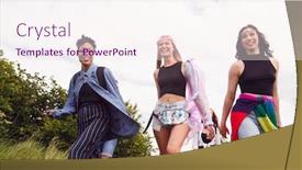  Presentation with festival music - Amazing slide set having group of excited young female friends carrying camping equipment through field to music festival backdrop and a sky blue colored foreground