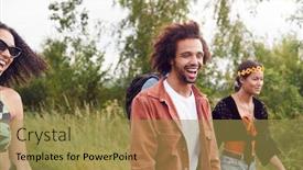  Presentation with music festival - Audience pleasing PPT theme consisting of group of excited young friends carrying camping equipment through field to music festival backdrop and a gold colored foreground