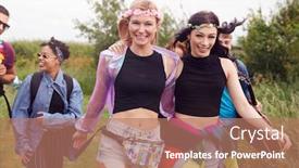  Presentation with music festival - Cool new slide set with group of excited young friends carrying camping equipment through field to music festival backdrop and a coral colored foreground